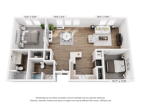 Floor plan for 2 beds, 2 baths, 1119 sqft